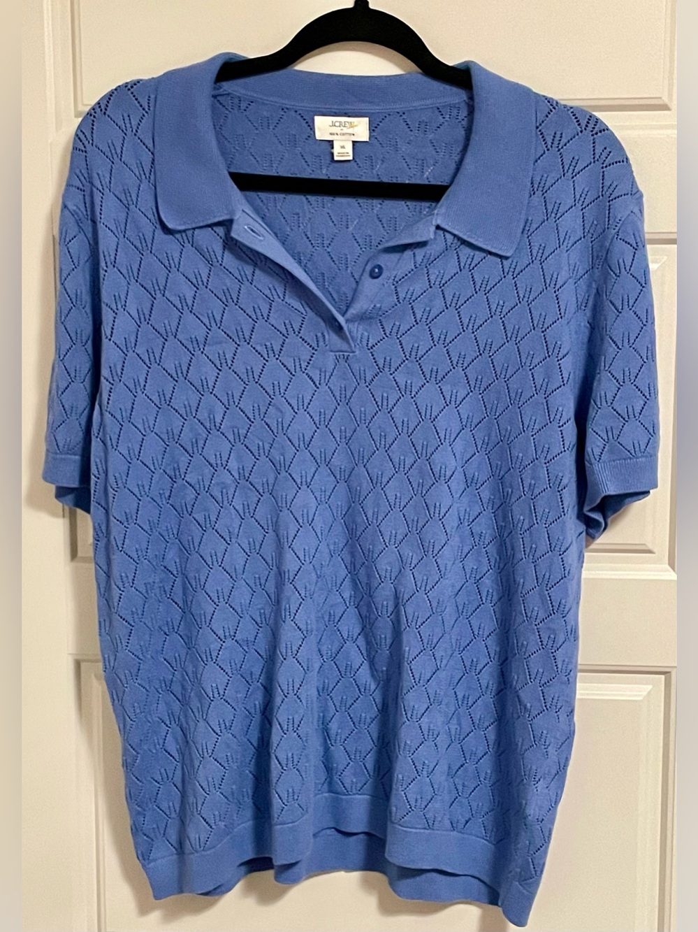 J Crew Blue Crochet Diamond Pattern Short Sleeve Sweater